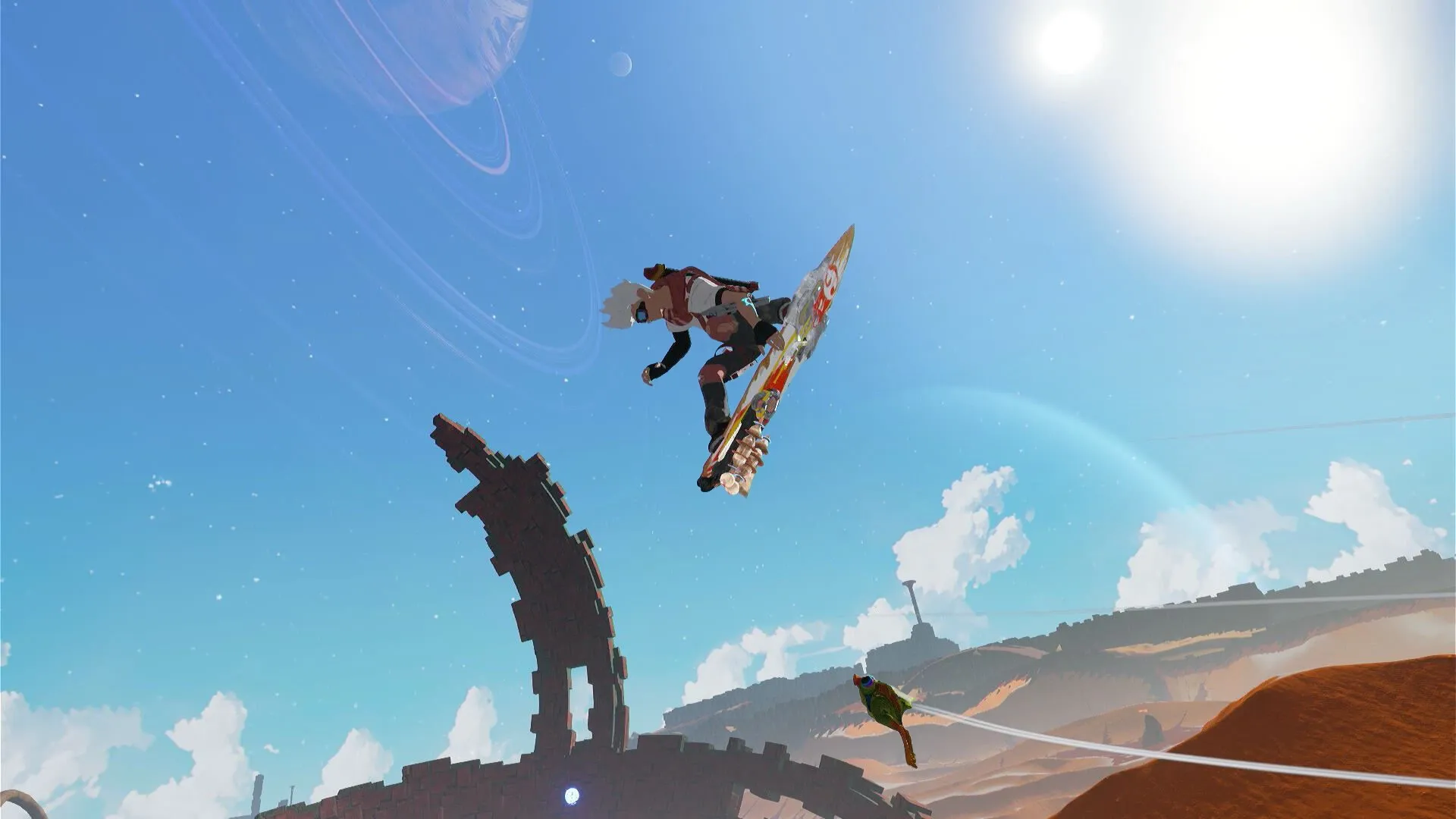 Star Overdrive: Character performs hoverboard trick in desert landscape with alien structures and planets