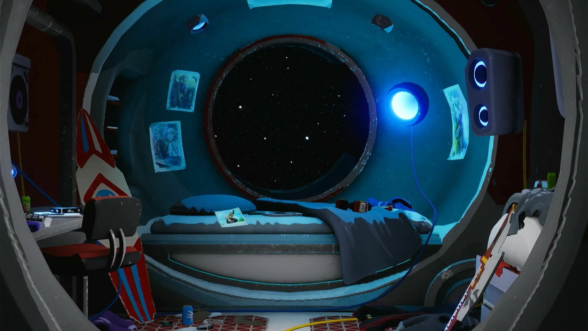 Star Overdrive: Cozy space cabin interior with a bed, posters, and starry view through circular window