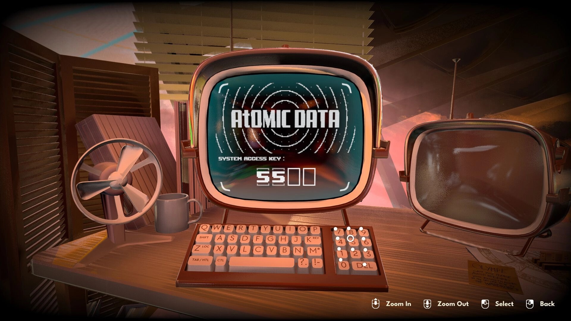 Stardream: Terminal displays ATOMIC DATA access key 5500 on desk with keyboard and fan in cabin.