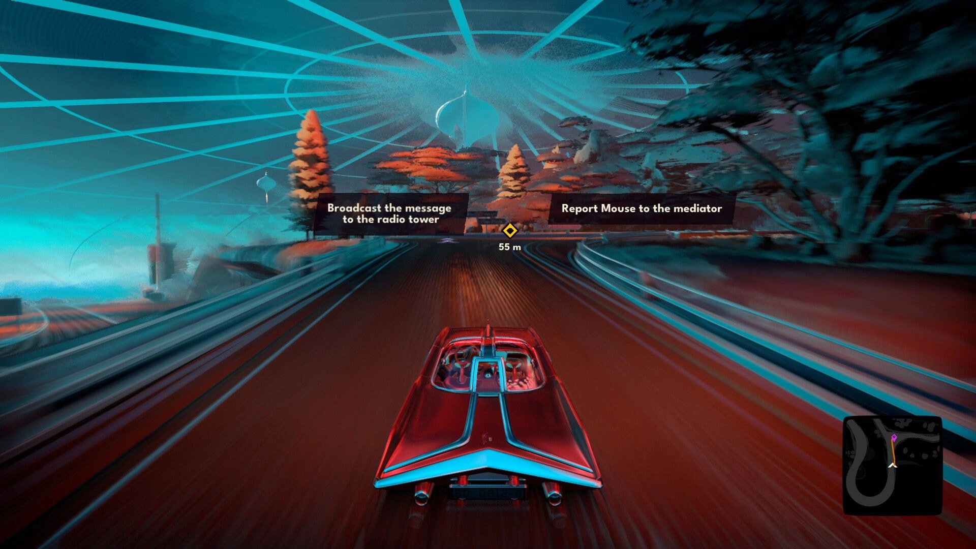 Stardream: Driving a red car as quest prompts appear on a domed highway with trees and minimap UI.