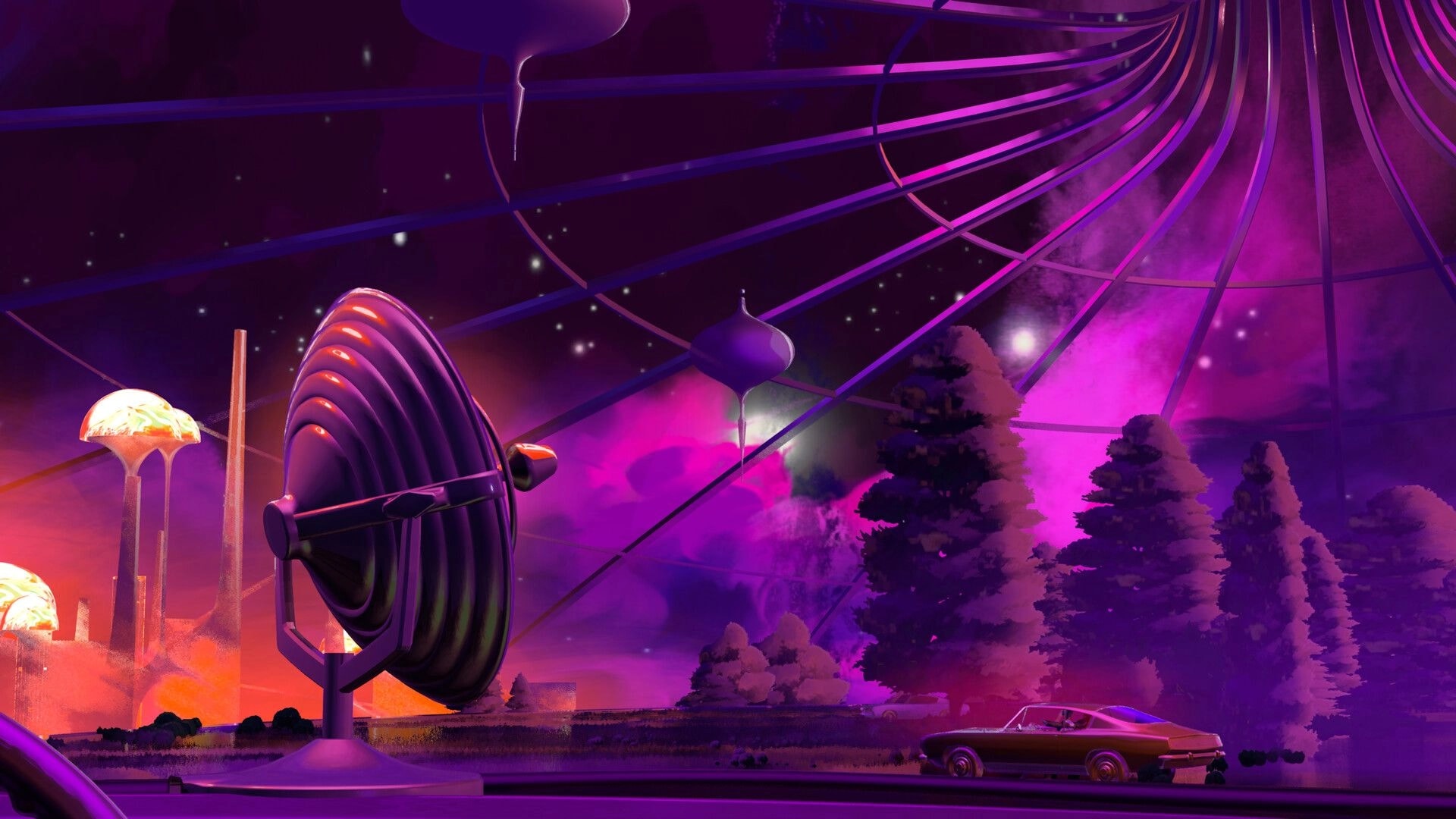 Stardream: Car parked by a futuristic dish antenna under a purple dome sky with trees and mist.