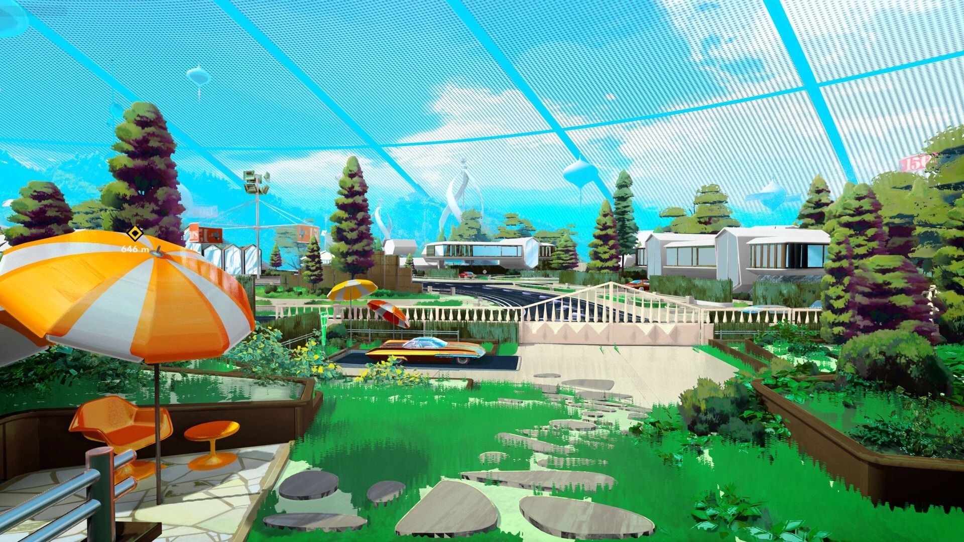 Stardream: Outdoor dome plaza with orange parasols, stepping stones, and a parked hovercar nearby.