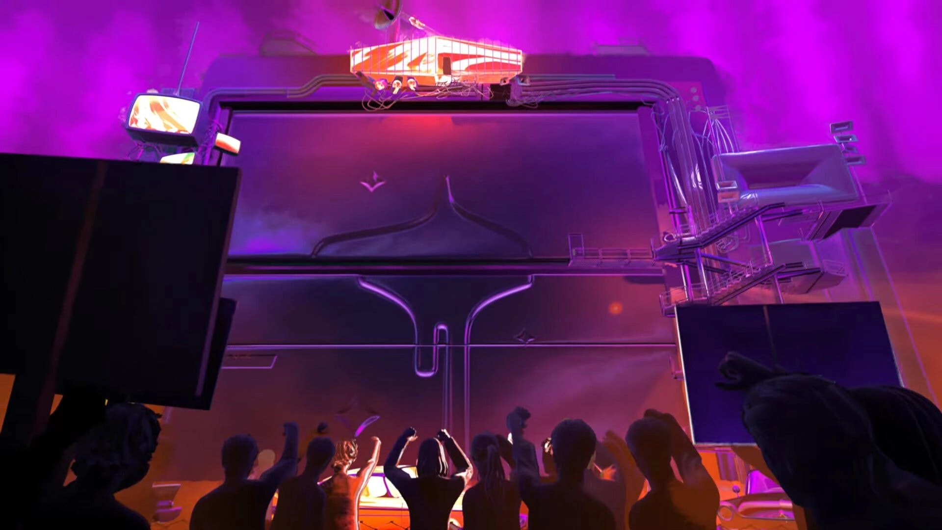 Stardream: Crowd raises hands at neon-lit stage under purple fog inside a massive space ark hall.