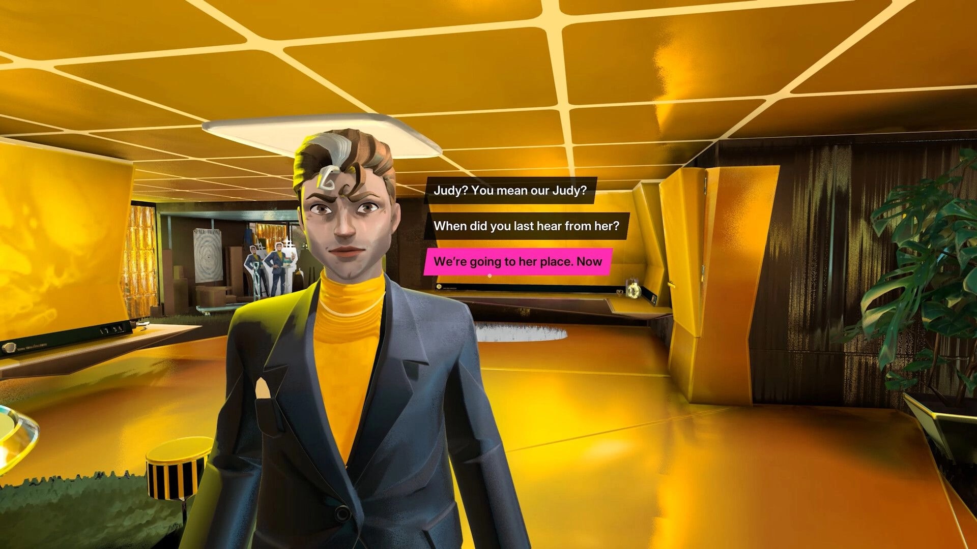 Stardream: Dialogue choices with a stern woman in a gold lounge, bar counter and plants behind.