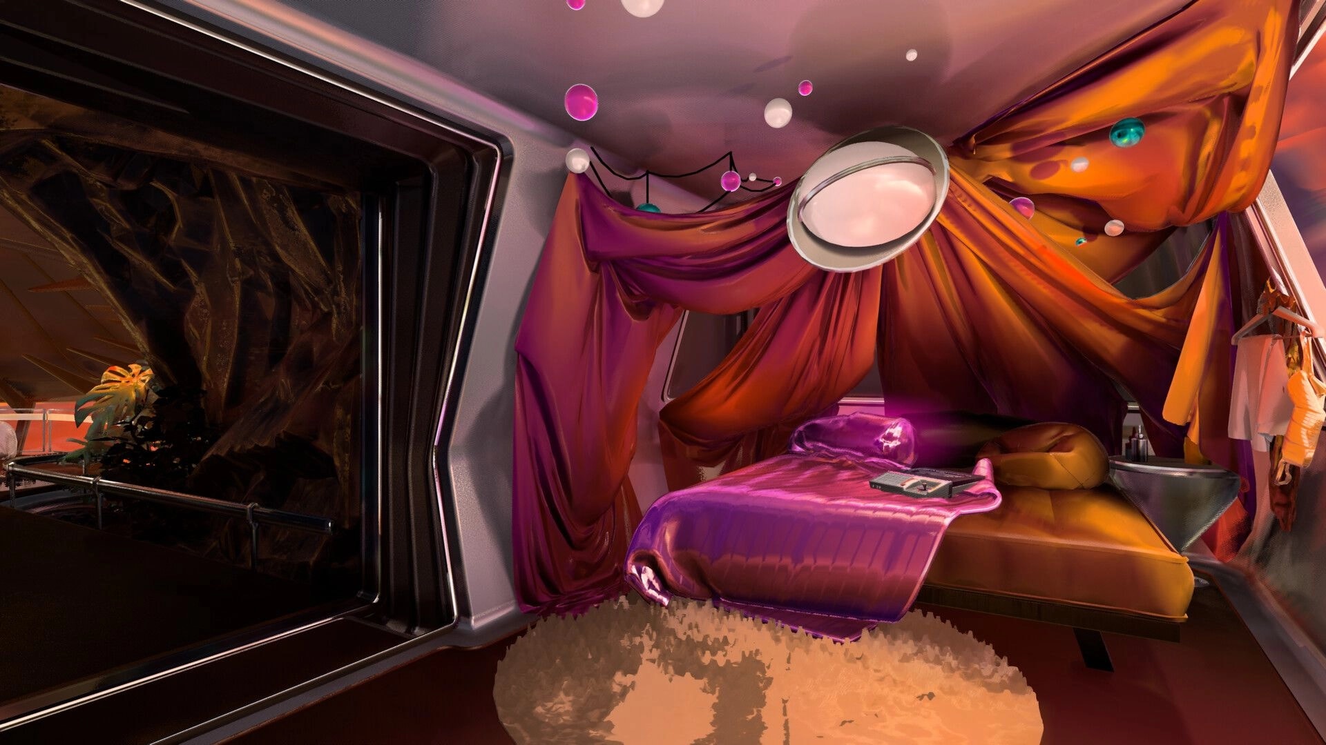 Stardream: Plush cabin bedroom with draped fabric canopy, glowing orbs, and a cassette on the bed.