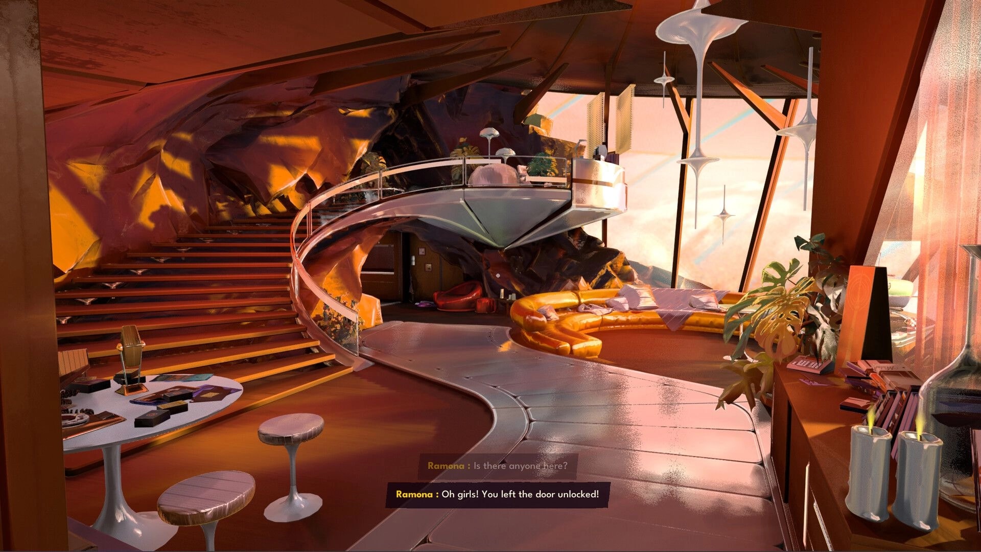 Stardream: Dialogue subtitle from Ramona in a sunlit retro lounge with spiral stairs and sofa.