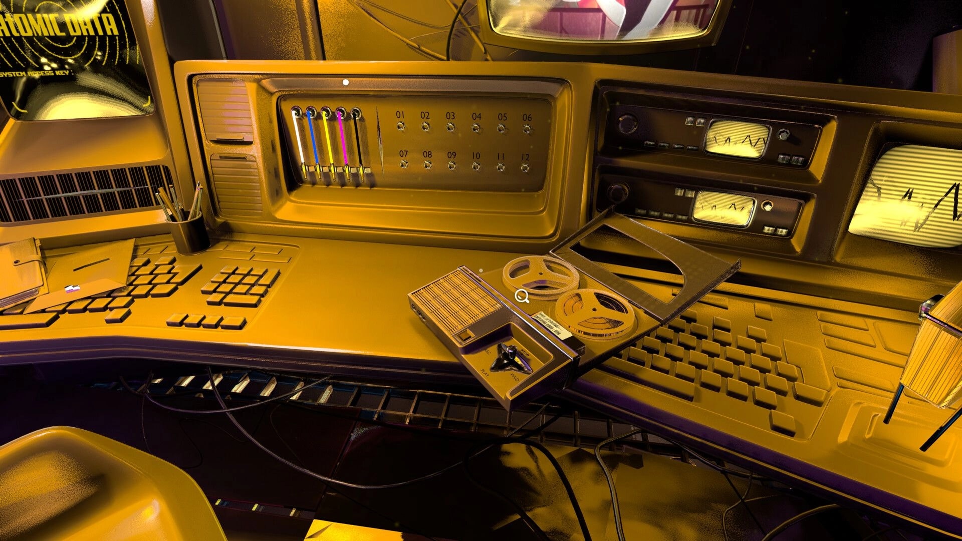 Stardream: Close-up of retro control desk with sliders, numbered switches, and reel-to-reel player aboard ship.