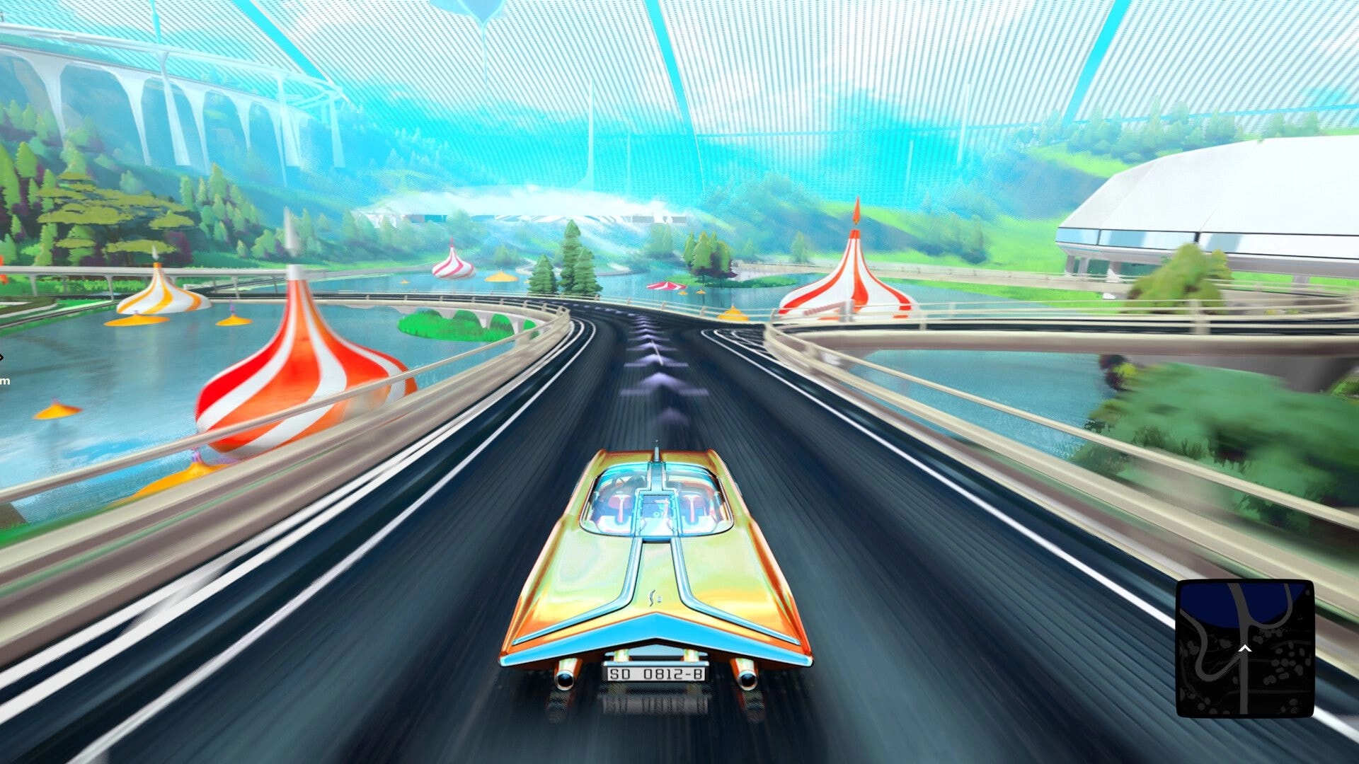 Stardream: Third-person view of a retro car speeding on elevated highway inside a domed cityscape.