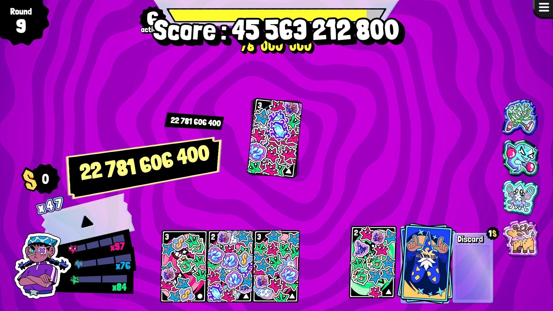 Stickerino: Round 9 score tally with sticker-covered cards, multipliers, and discard pile on purple UI.