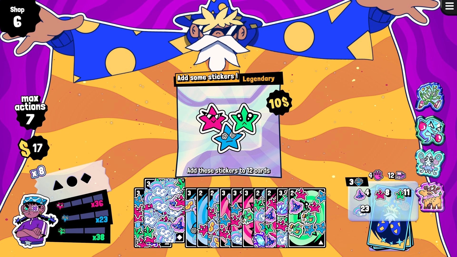 Stickerino: Shop screen with Sticker Wizard offering legendary star stickers over a card hand UI.