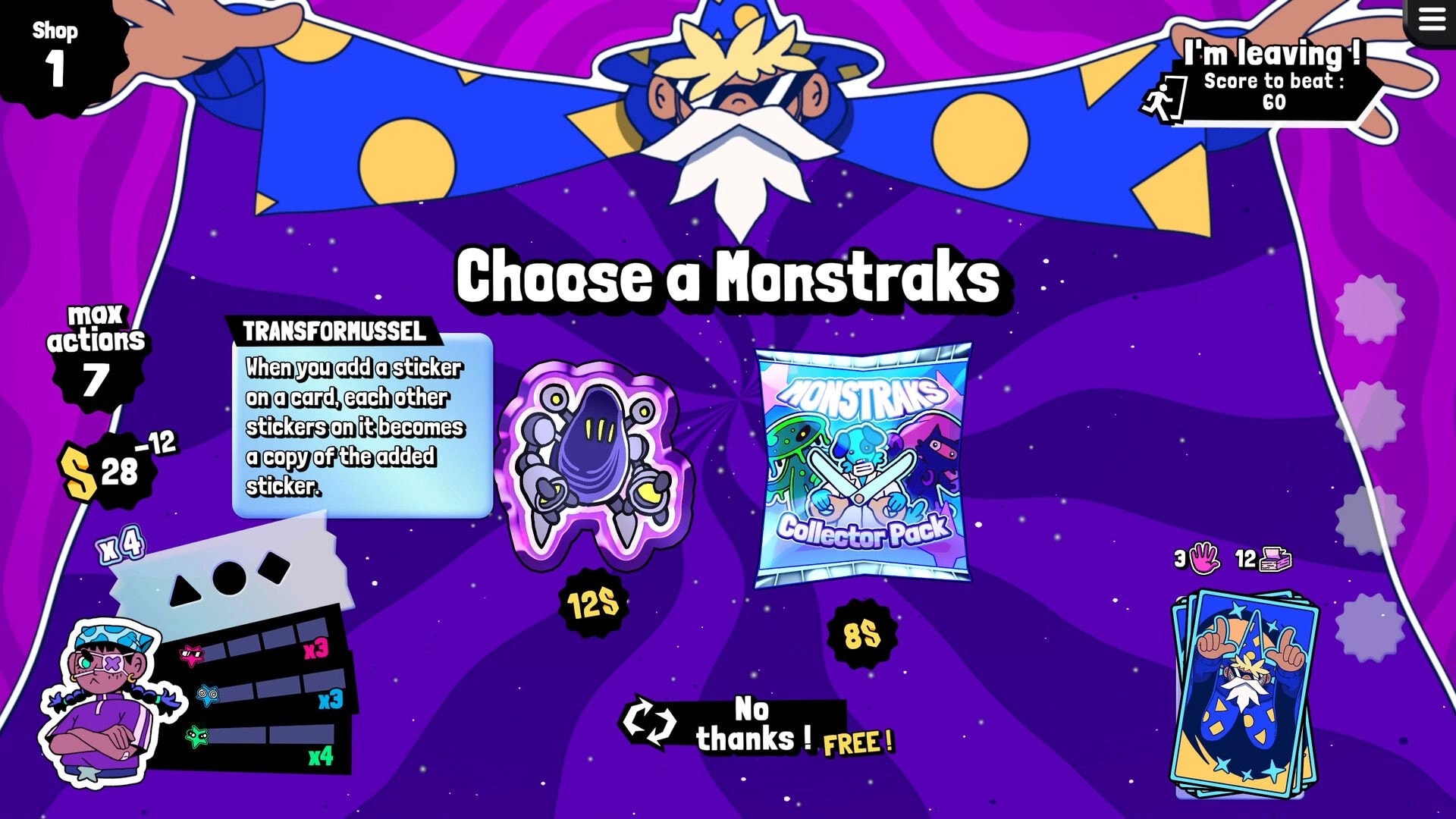 Stickerino: Choose a Monstraks shop screen with Transformussel card and Collector Pack on purple backdrop.