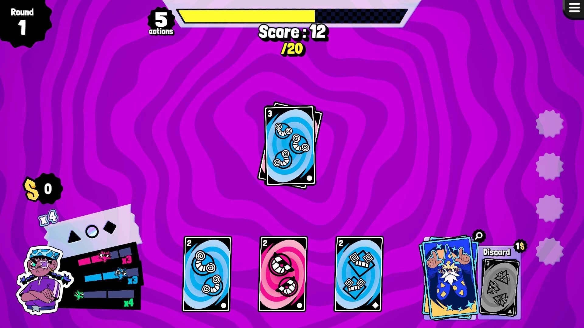 Stickerino: Round 1 card play screen with score 12/20, hand of cards, discard pile, purple swirl backdrop.