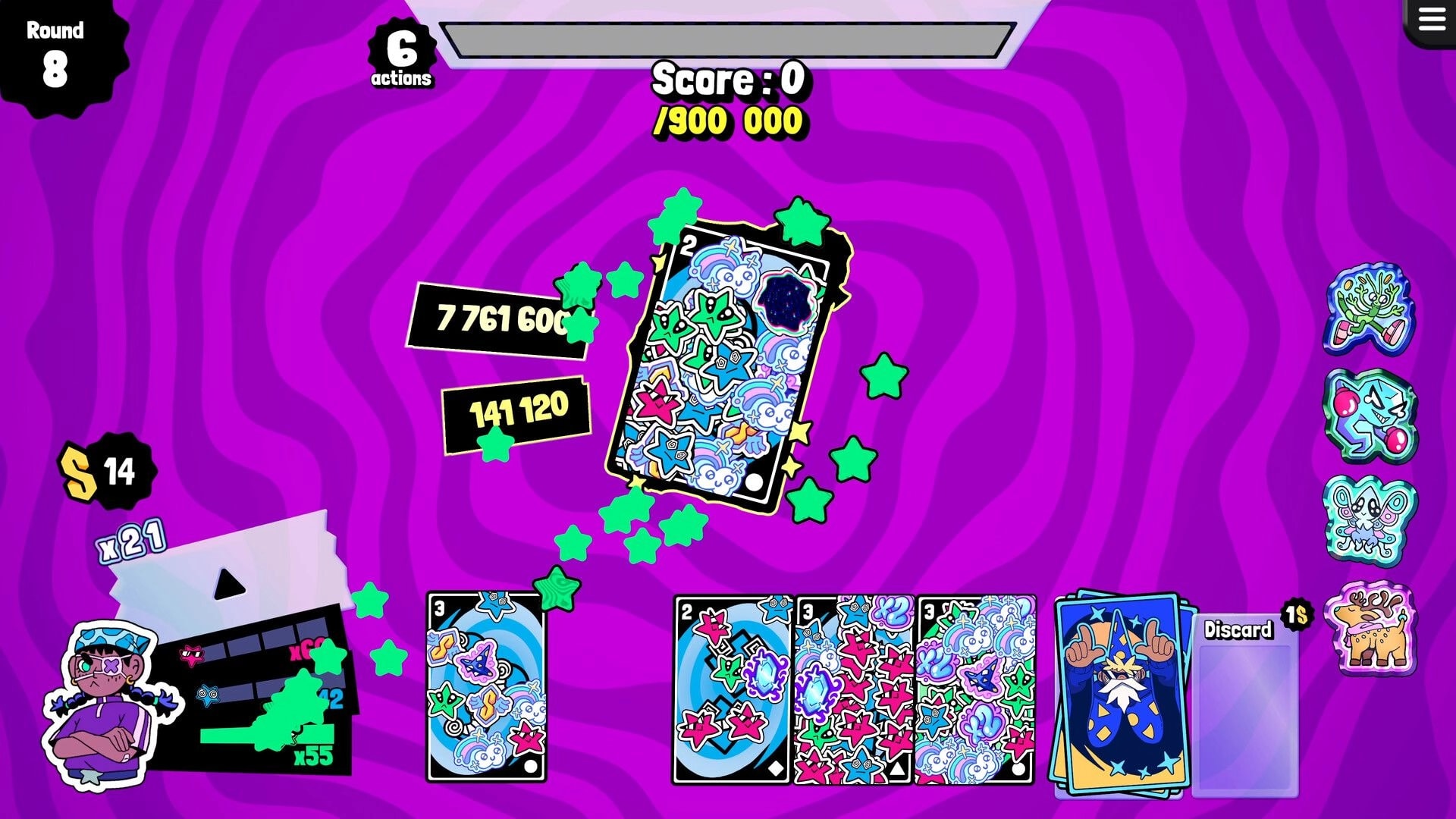 Stickerino: Sticker-covered card scoring with star effects and hand UI on purple swirled backdrop.