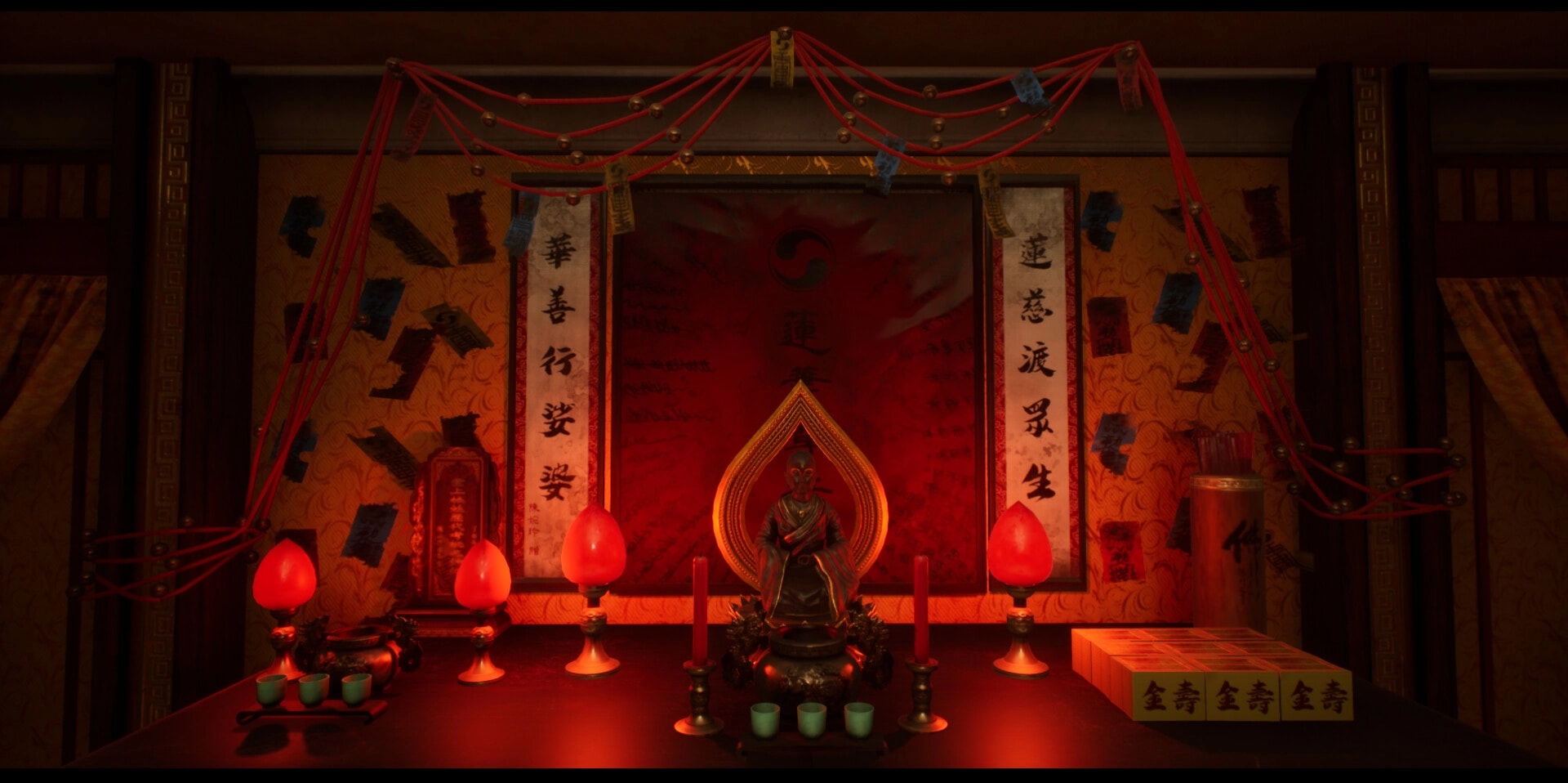 SUFFOCATE: Ritual altar with red lighting, deity statue, candles, and incense sticks in a dimly lit room.