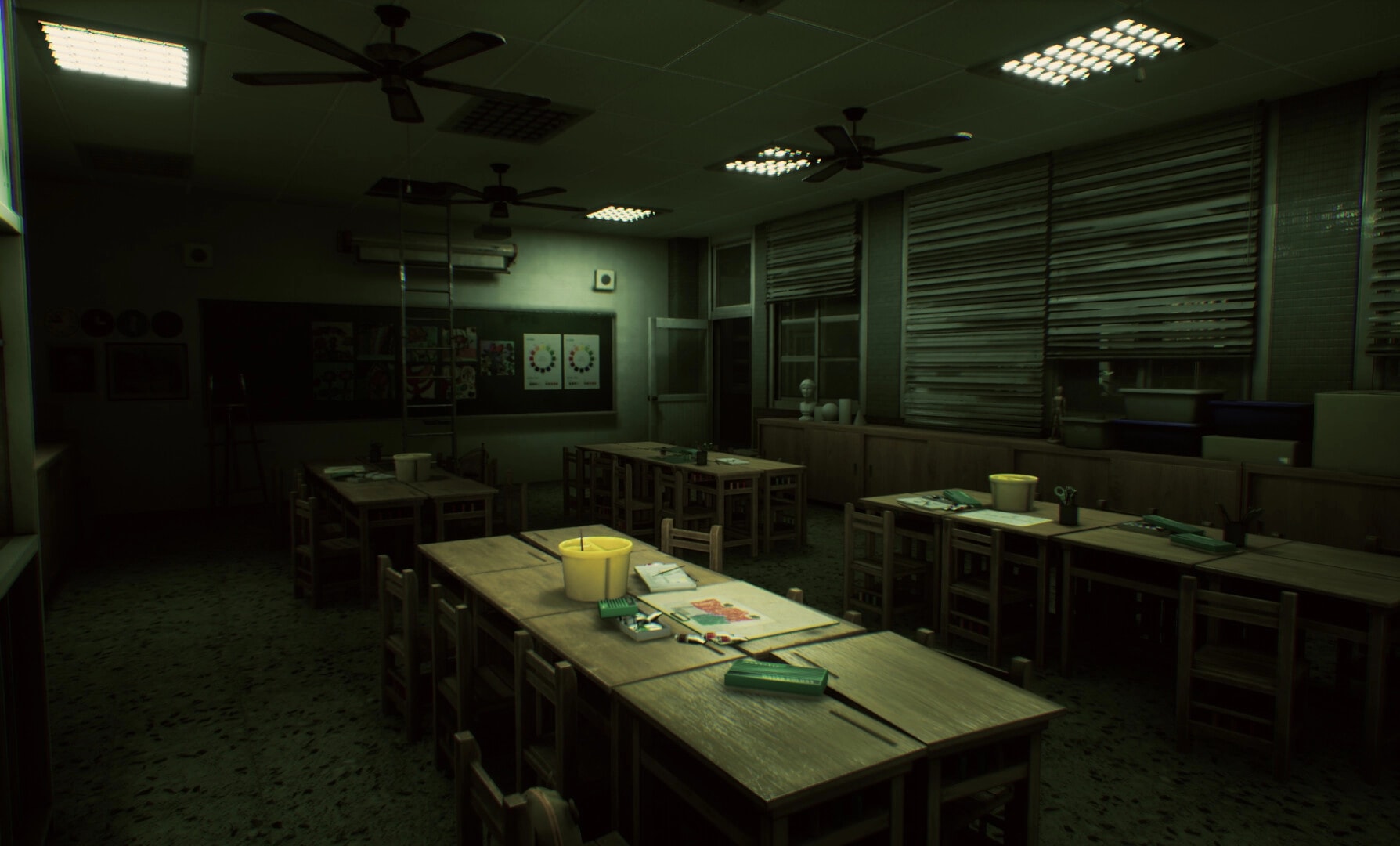 SUFFOCATE: Empty classroom with art supplies on tables and dim lighting creating a tense atmosphere.
