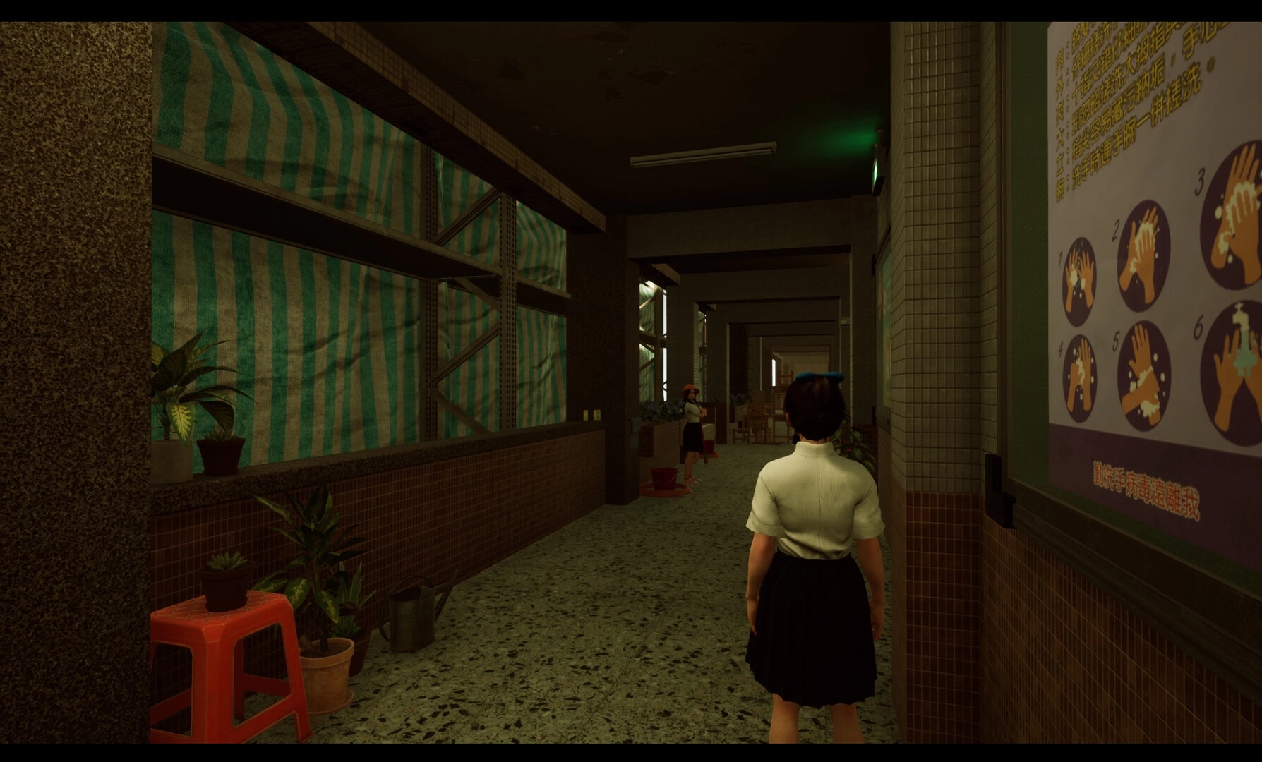 SUFFOCATE: Girl in school uniform walks down dimly lit hallway, past plants and handwashing poster.