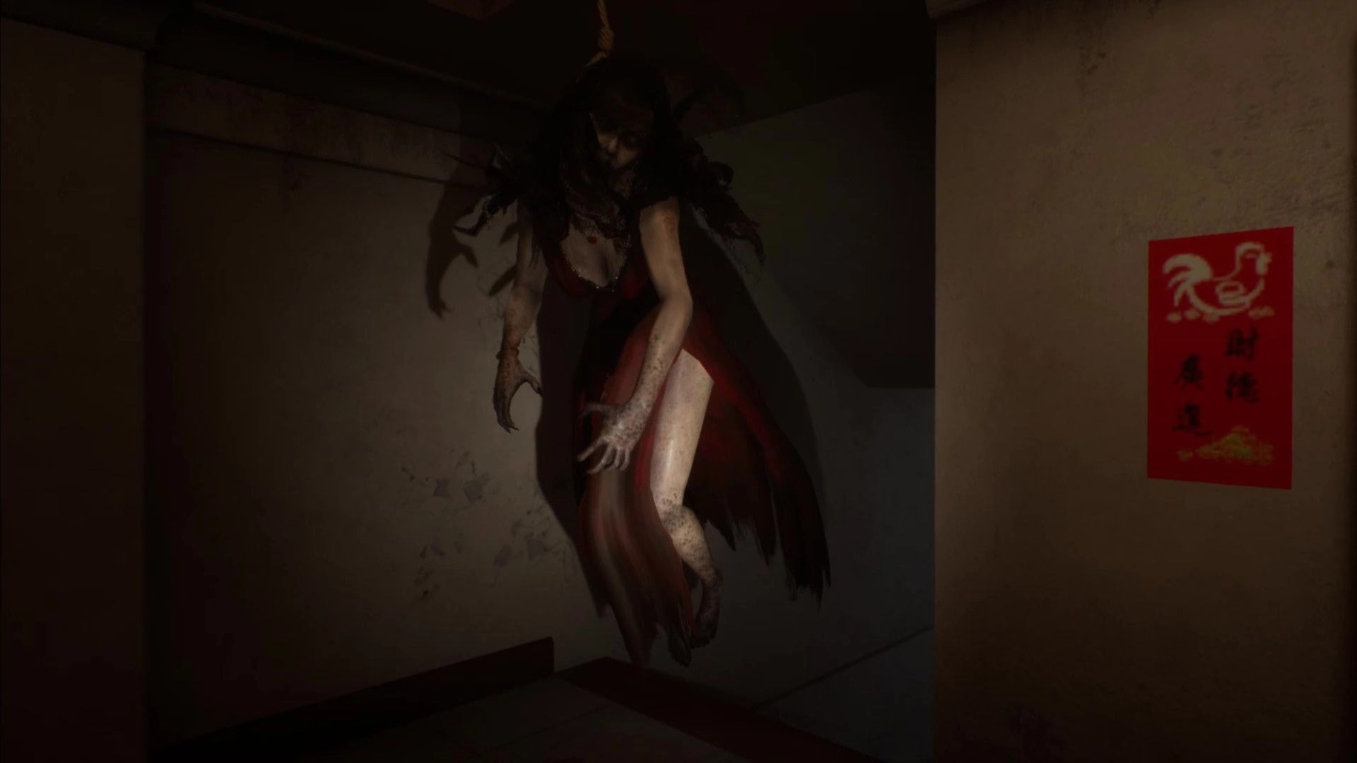 SUFFOCATE: Suspended female figure in red dress in dimly lit hallway with red poster on the wall
