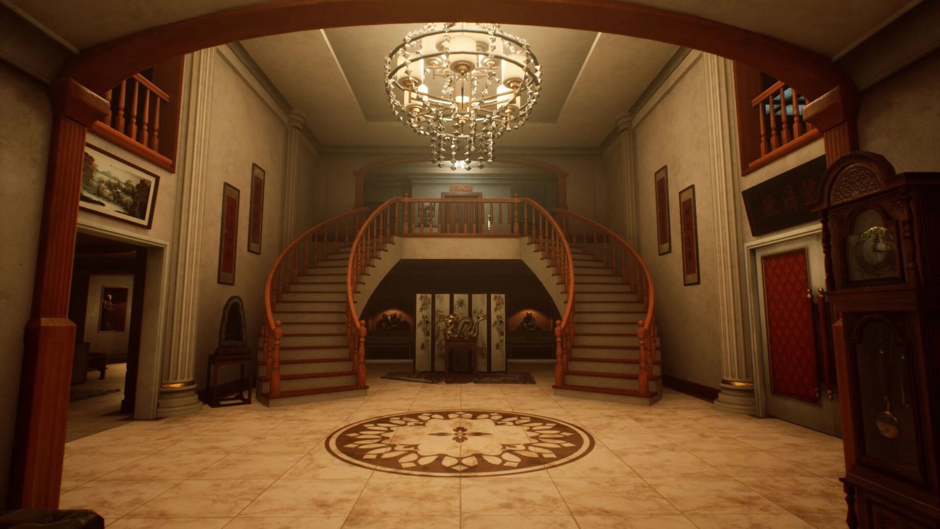 SUFFOCATE: Grand foyer with a large chandelier, dual staircases, and ornate wall decorations