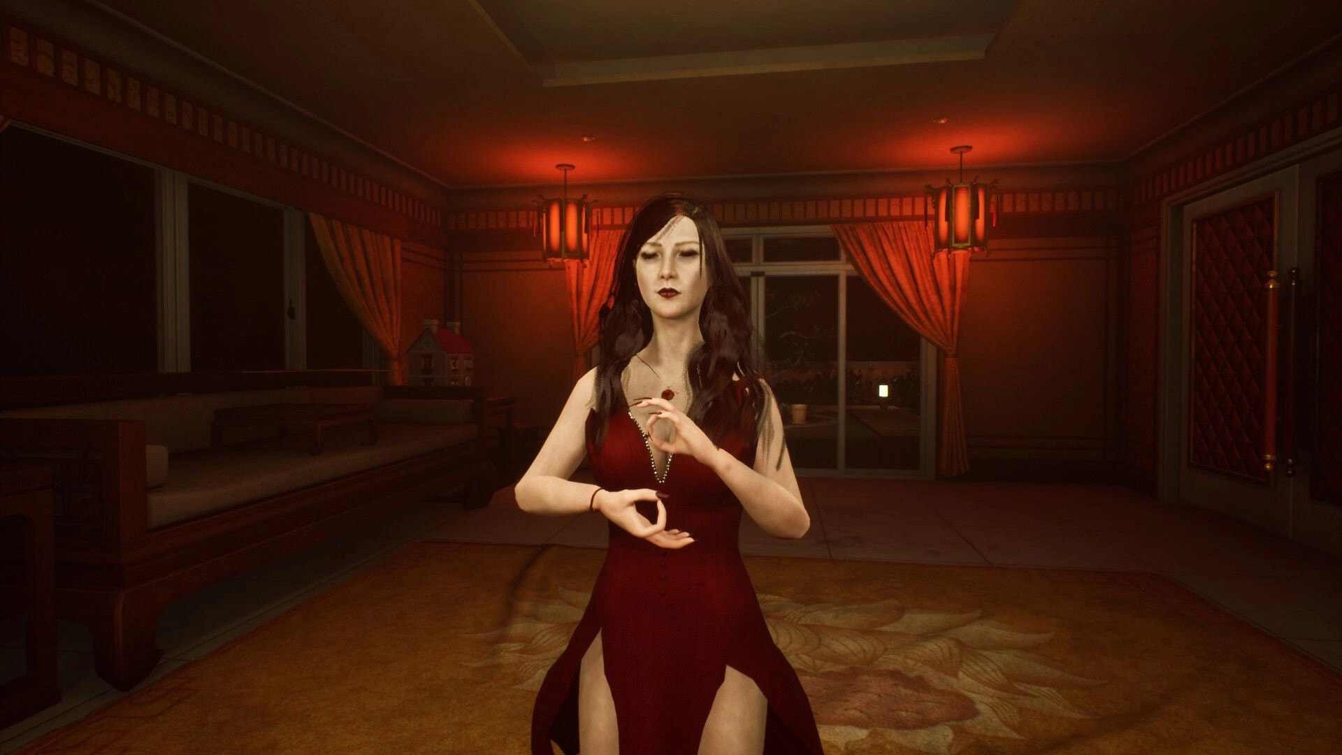 SUFFOCATE: Woman in a red dress gesturing ritualistically in a dimly lit, elegant living room setting.