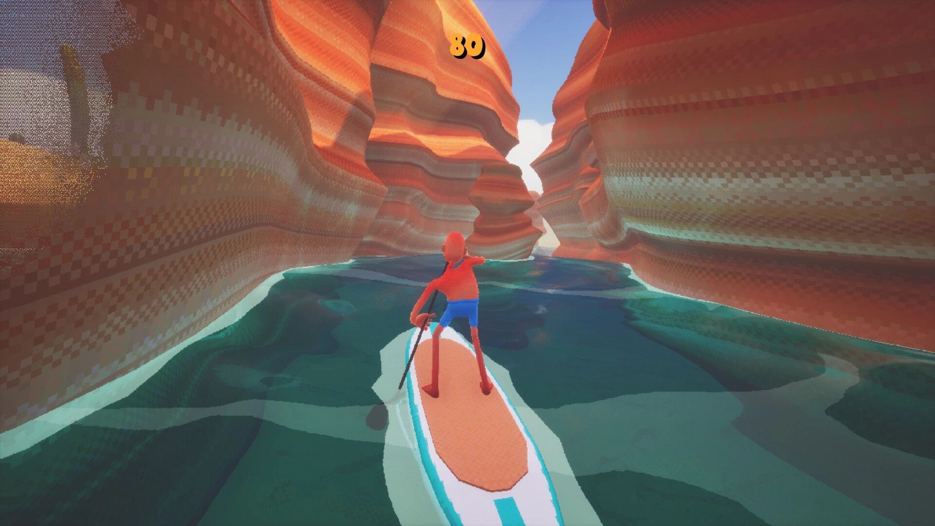 SUP: Paddleboarder steers through narrow red rock canyon river, score 80 displayed at top center.