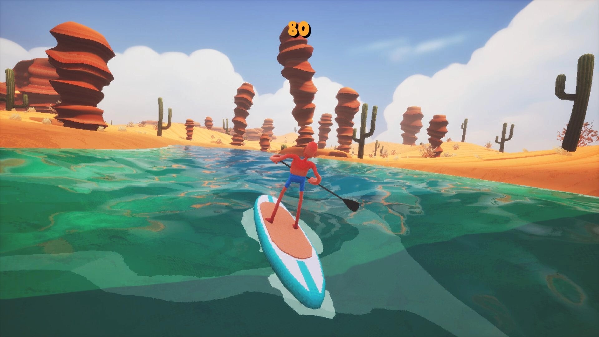 SUP: Paddleboarder glides down a desert river with cactus and rock spires, score 80 at top.
