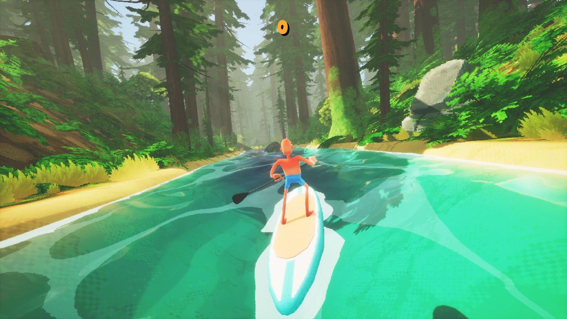 SUP: Paddleboarder steers down a turquoise river in dense forest, with a small marker icon above.