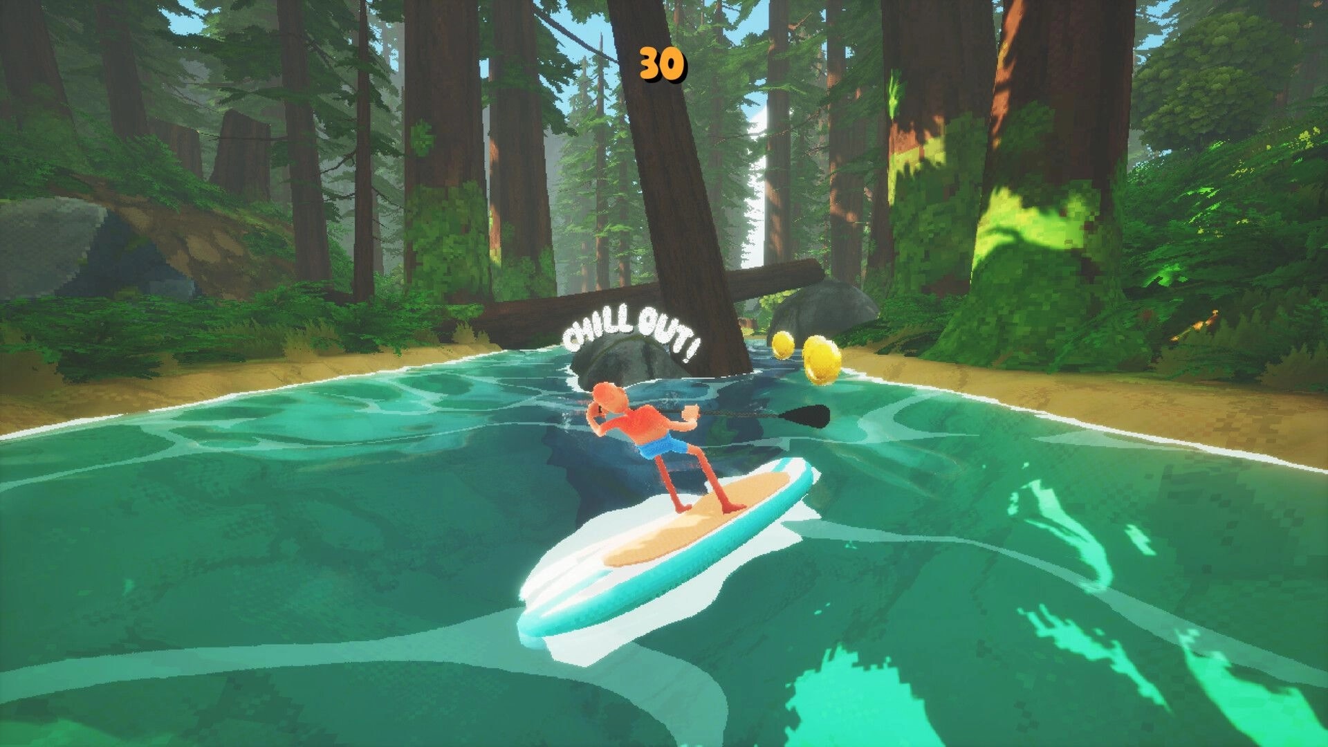 SUP: Paddleboarder leans to dodge a fallen tree in forest river, “CHILL OUT!” and 30 UI visible.