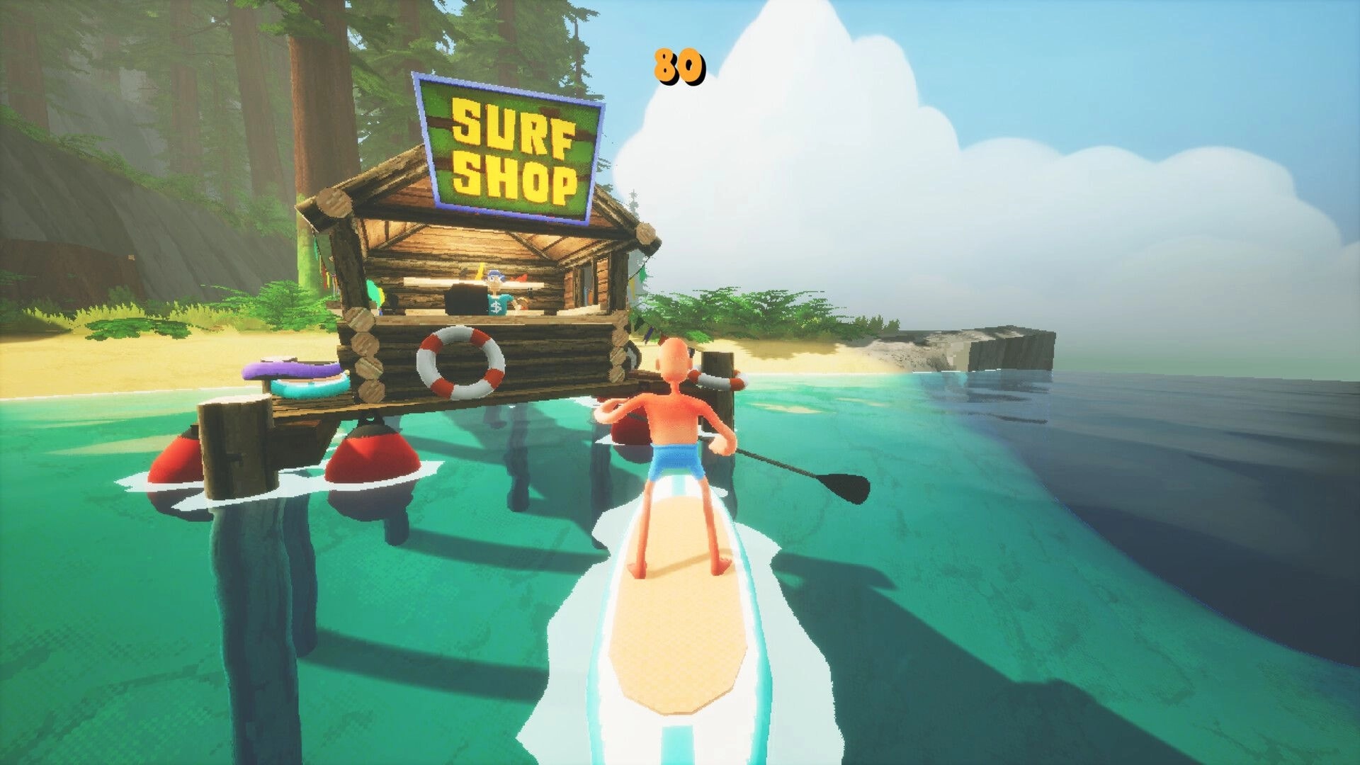 SUP: Paddleboarder approaches a docked surf shop hut, score 80 shown, on clear tropical water.