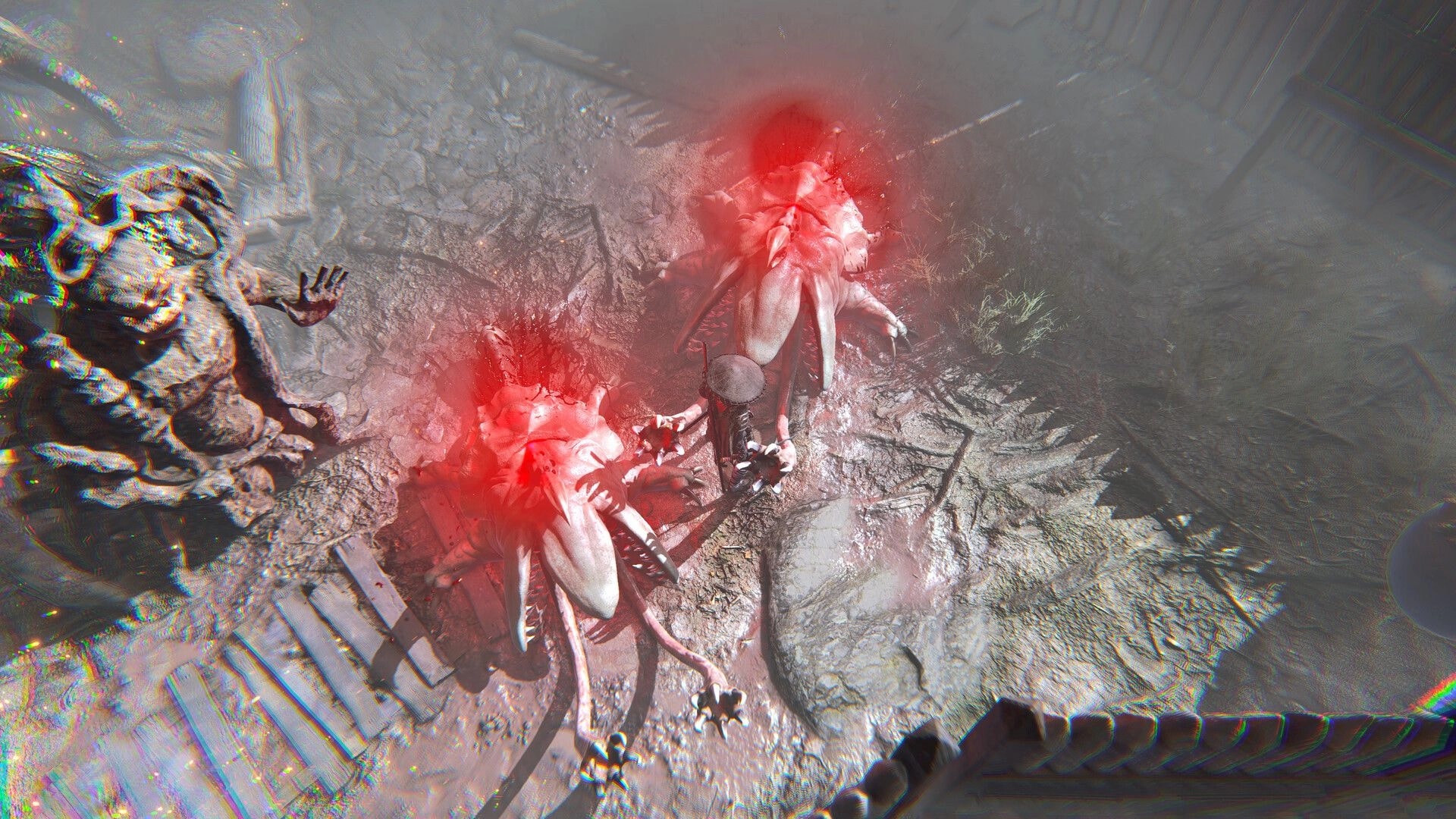 SURA: First-person finisher as red energy erupts from two insectoid foes on rocky ground.