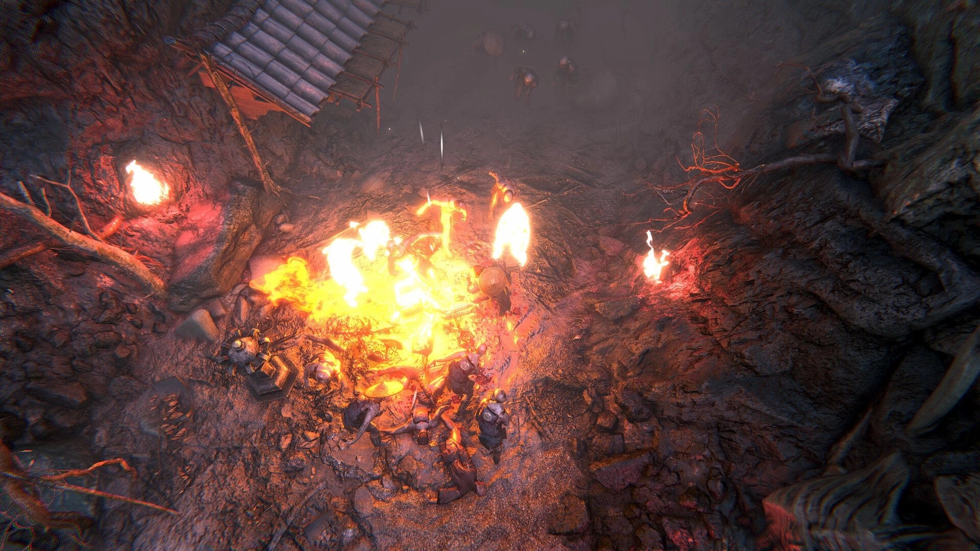 SURA: Samurai battles armored foes amid blazing fire in a rocky ravine, viewed from above in fog.