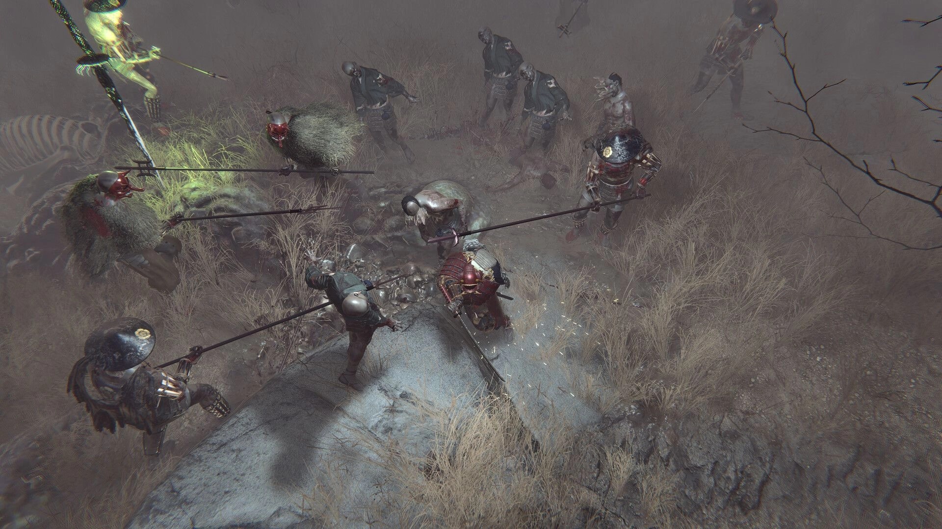 SURA: Armored samurai clashes with spear-wielding foes in a foggy, dead grass battlefield scene.