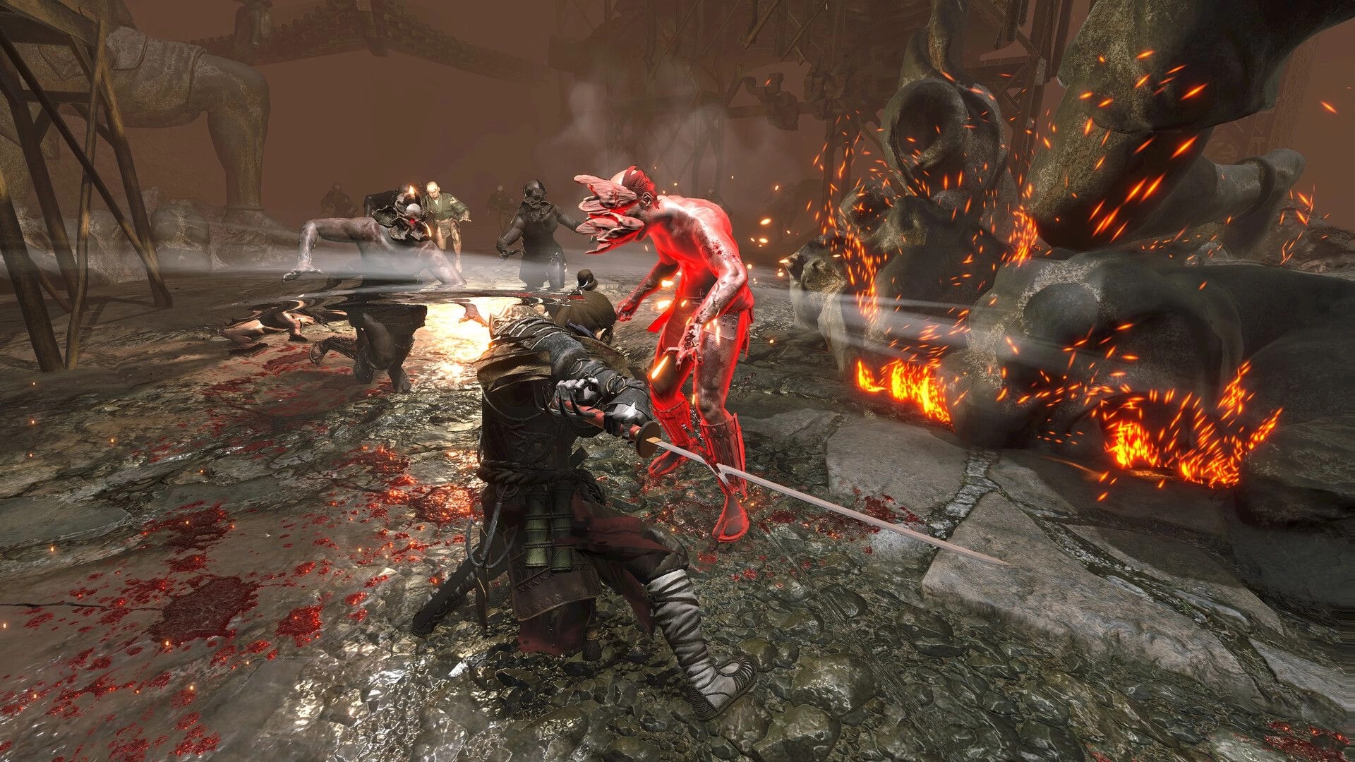SURA: Samurai slashes a glowing red demon amid bloodied ruins with sparks and looming stone statues.