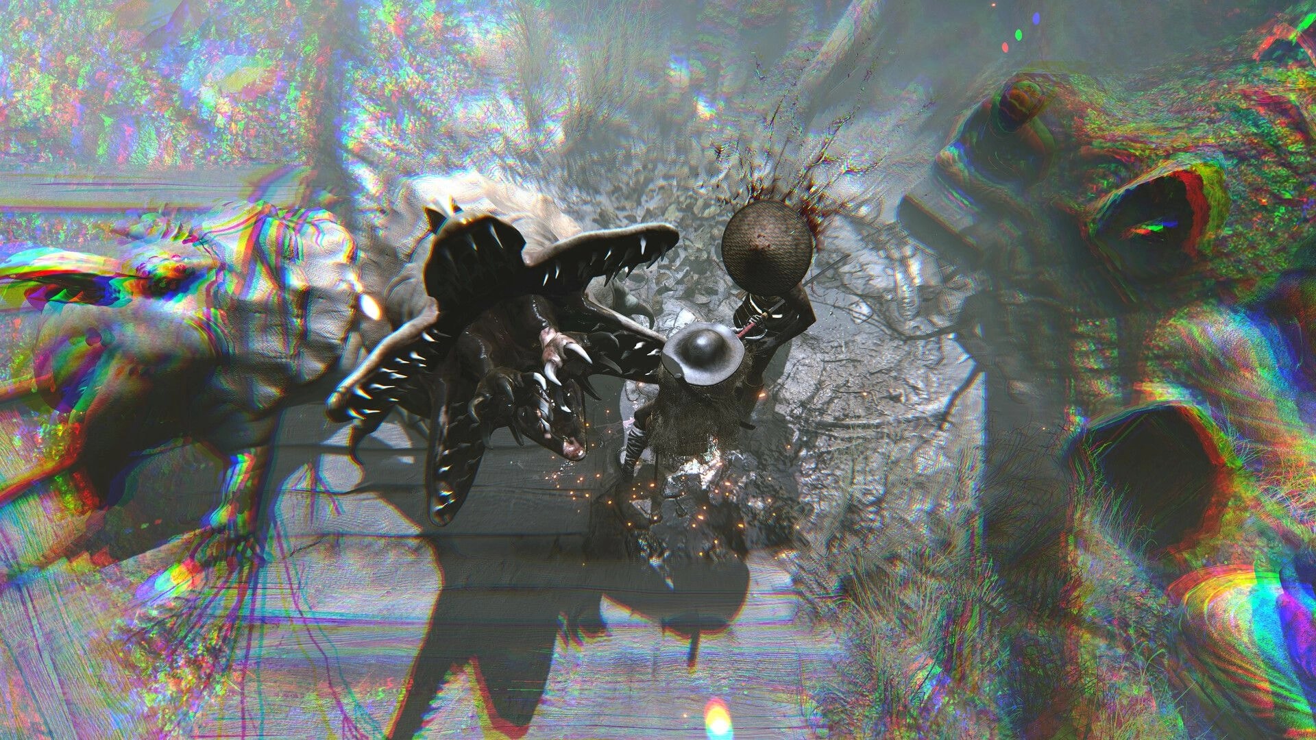 SURA: Samurai clashes with a huge fanged beast on a stone path amid rainbow distortion effects.