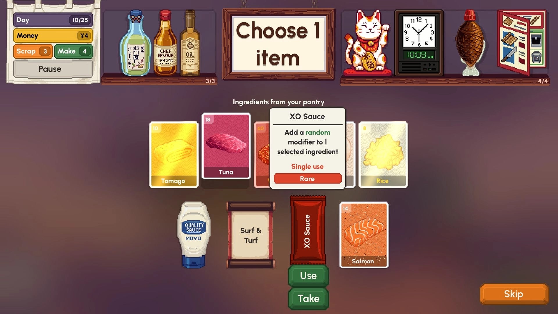 Sushiamo: Choose 1 item menu with ingredient cards and XO Sauce tooltip in pantry selection screen.