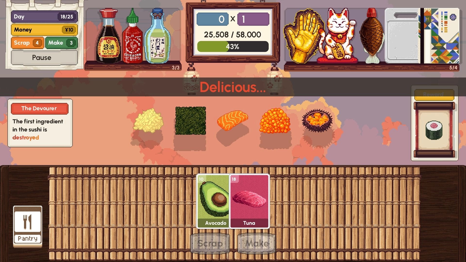 Sushiamo: Sushi crafting board with ingredients and Avocado/Tuna cards, Devourer effect warning UI.