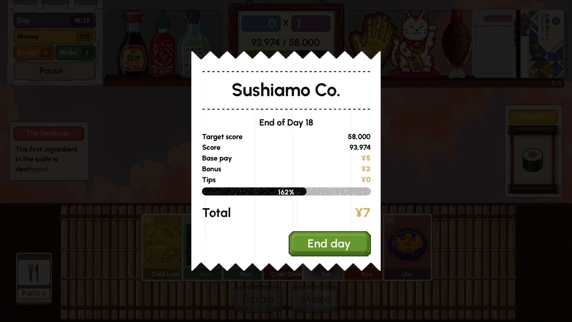 Sushiamo: End of Day 18 receipt summary with score, pay, and End day button over kitchen UI.