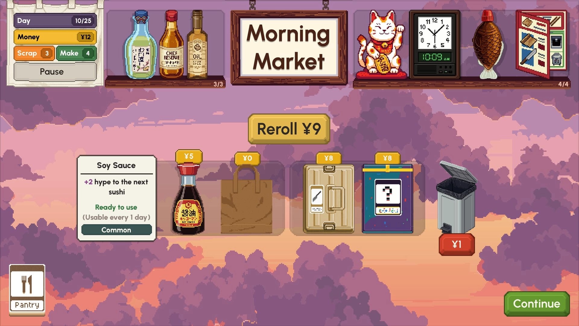 Sushiamo: Morning Market shop screen with soy sauce, reroll button, prices, and continue UI over clouds.
