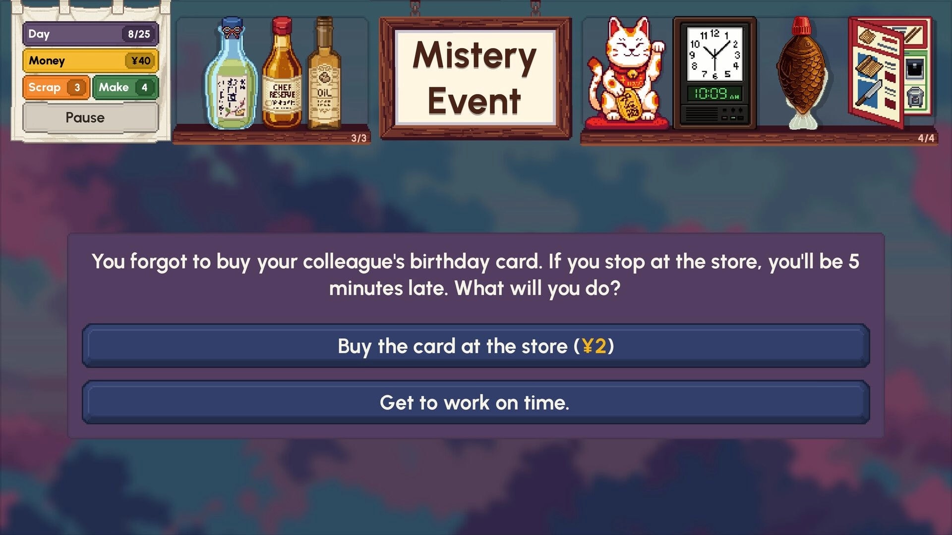 Sushiamo: Mystery Event choice prompt about buying a birthday card, with money and day UI bar above.