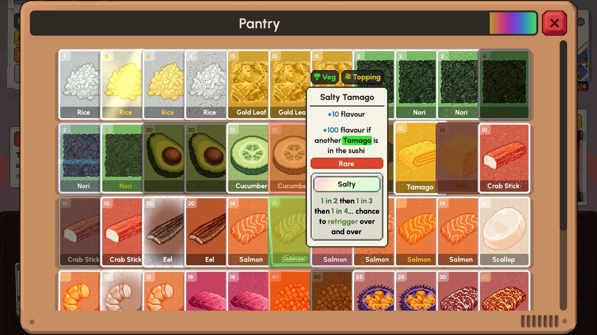 Sushiamo: Pantry inventory grid of ingredient cards with Salty Tamago tooltip over sushi items.