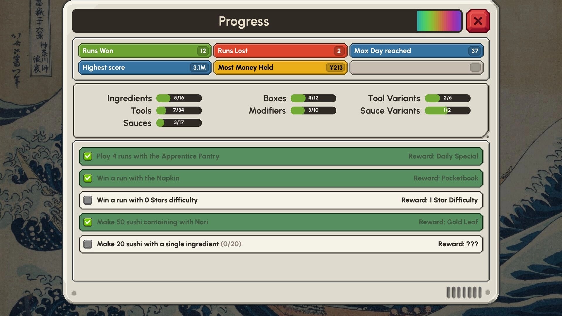 Sushiamo: Progress menu with run stats, unlock bars, and checklist challenges on parchment backdrop.