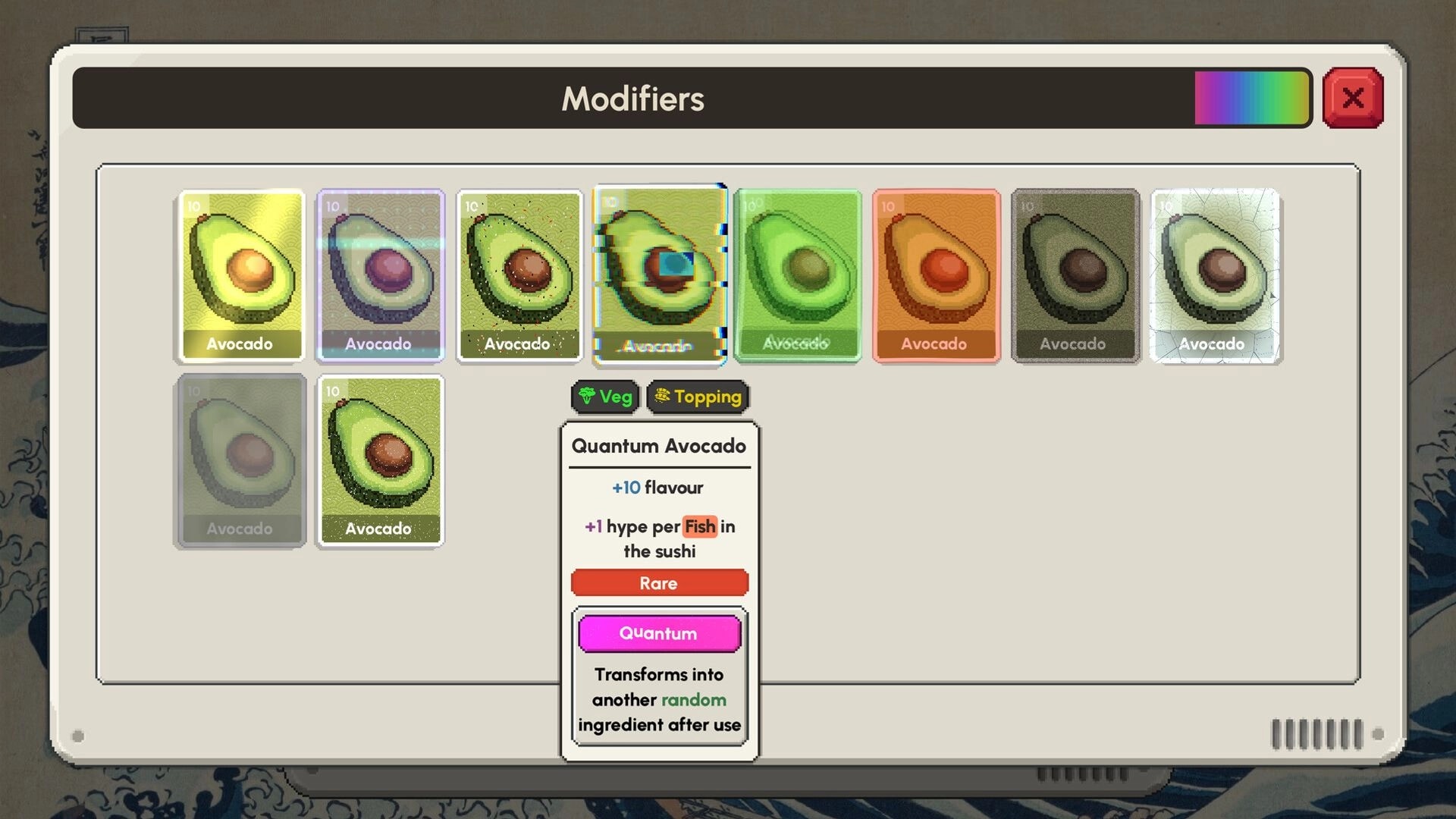 Sushiamo: Modifiers menu with avocado cards and Quantum Avocado tooltip in ingredient selection UI.