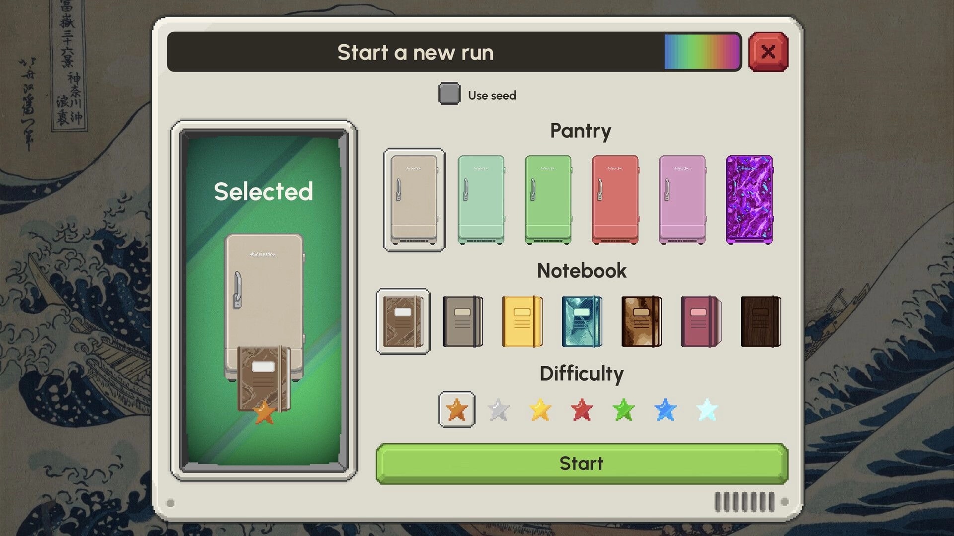Sushiamo: Start a new run menu with pantry and notebook selection, seed checkbox, and Start button.