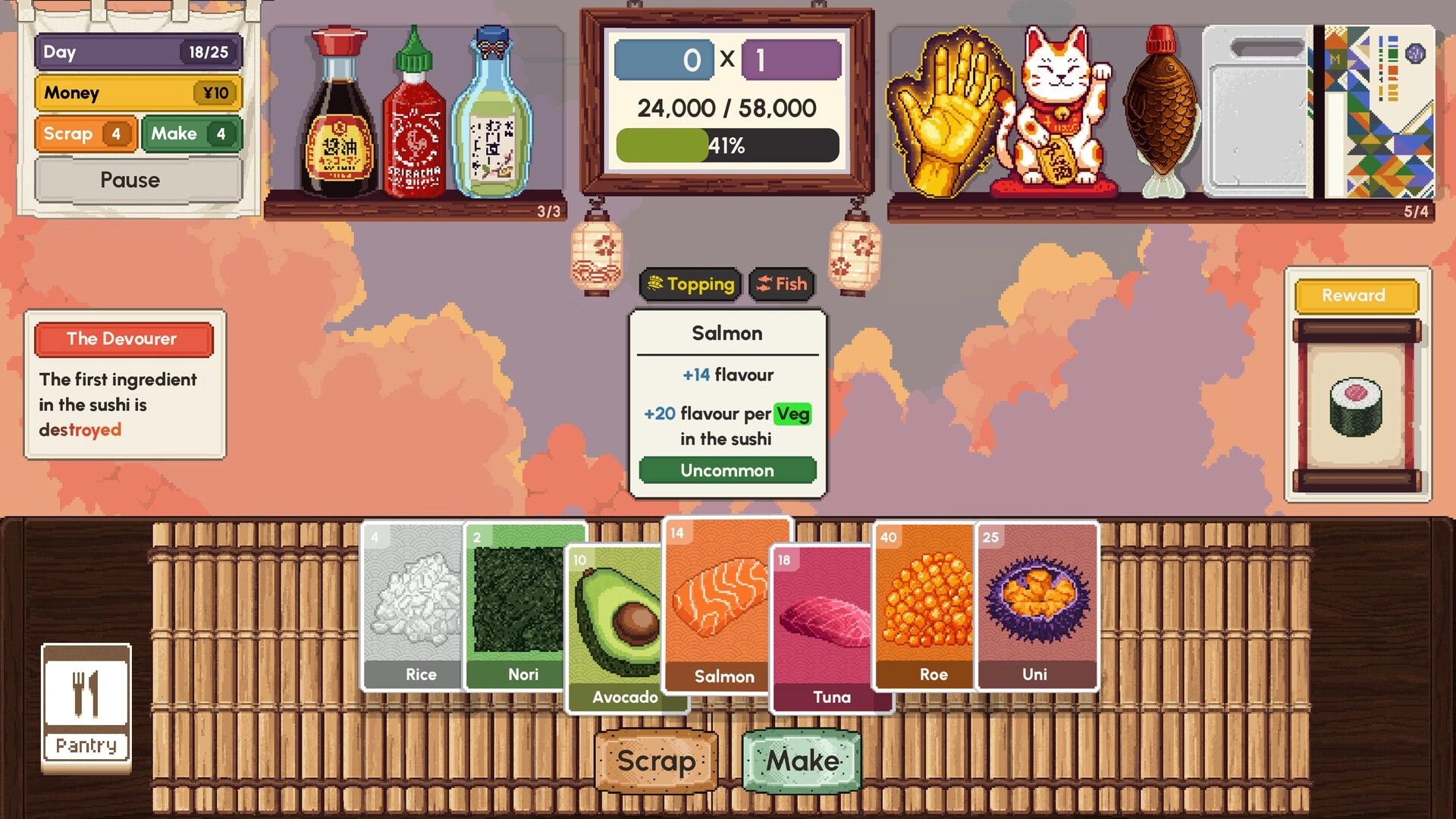 Sushiamo: Ingredient card for Salmon with flavour bonuses above a hand of sushi cards in kitchen UI.