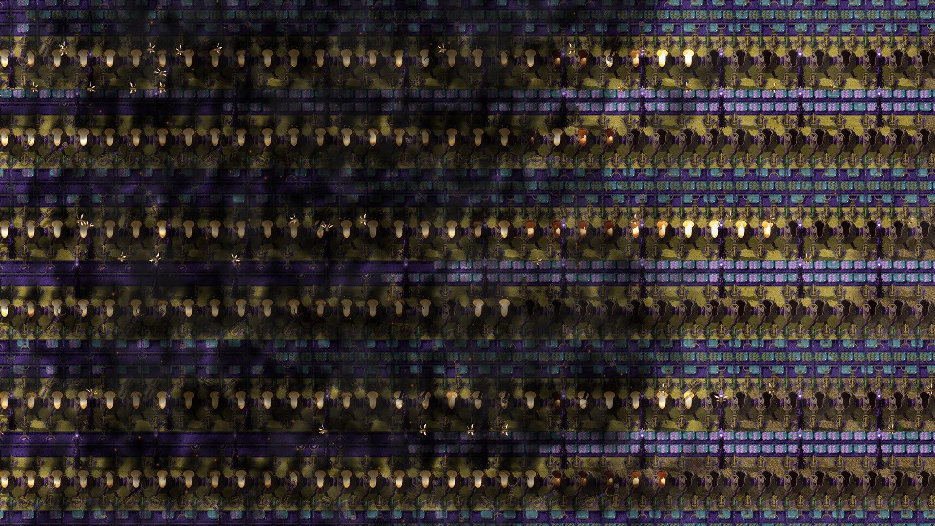 Swarmdustry: Dense rows of glowing organic nodes and conveyor-like lanes across a dark factory grid map.