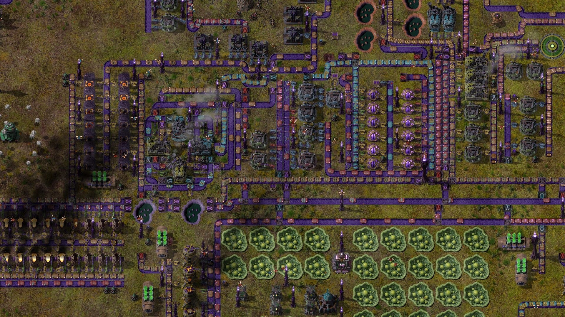 Swarmdustry: Conveyor belts feed machines and purple reactors across a sprawling top-down factory base.