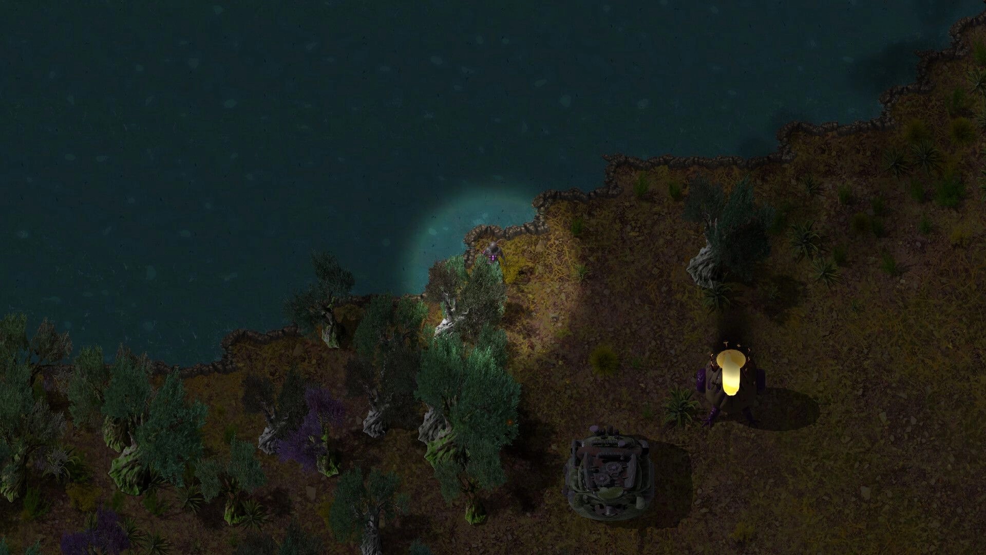 Swarmdustry: Alien pod and ruined machine on a dim shoreline with trees, rocks, and water nearby.