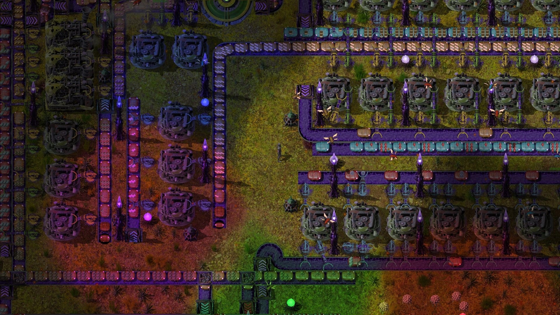 Swarmdustry: Conveyor belts feed organic machines and tanks around a purple-lit factory grid.