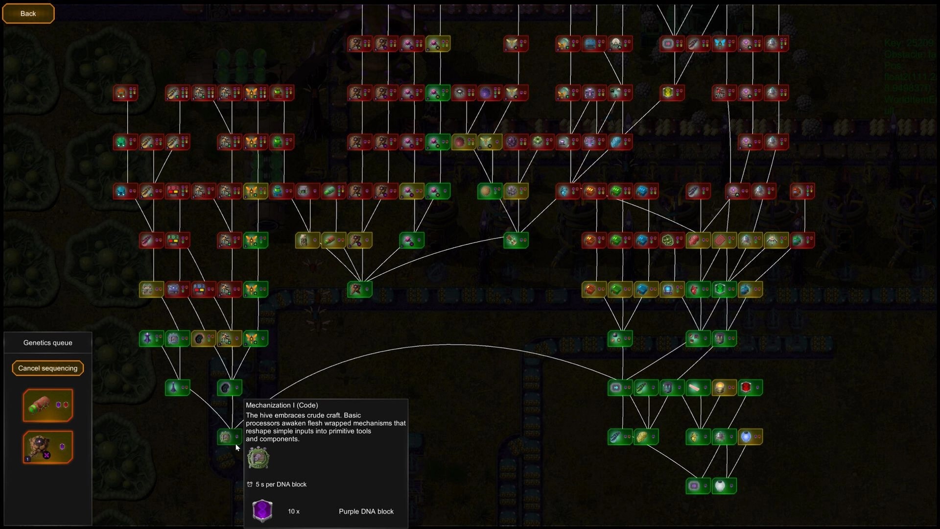 Swarmdustry: Genetics tech tree with linked nodes and Mechanization tooltip over dark hive tunnels UI.