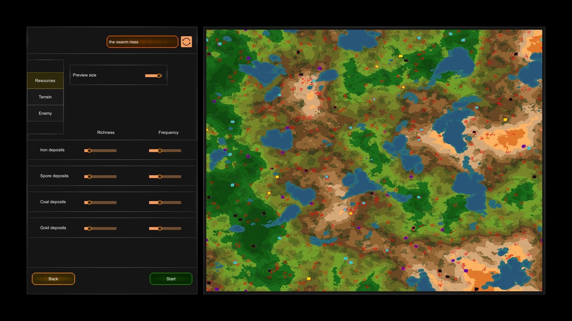Swarmdustry: World generation resources sliders beside a colorful terrain map with lakes and biomes.