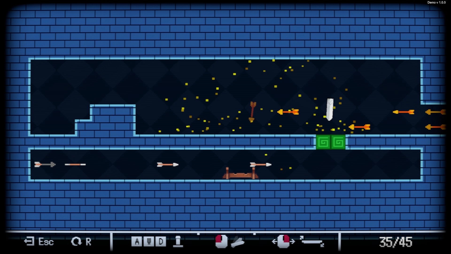 Swordless: Broken sword pieces dodge flying arrows in a blue brick corridor with green blocks and HUD.